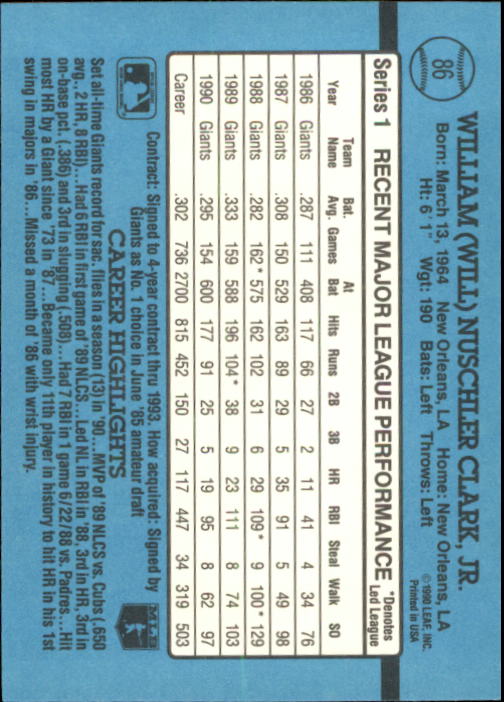 1991 Donruss #86 Will Clark - Baseball Card NM-MT