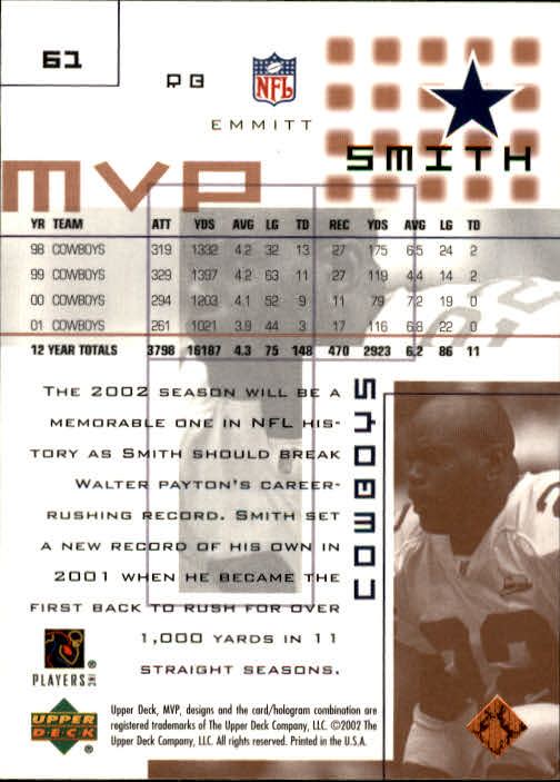 2002 Upper Deck MVP #61 Emmitt Smith - Football Card