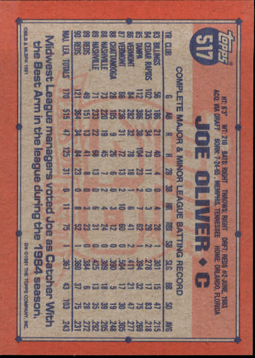 1991 Topps #517 Joe Oliver - Baseball Card NM-MT