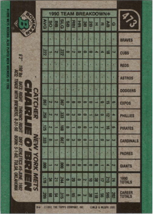 1991 Bowman #473 Charlie O'Brien- Baseball Card NM-MT
