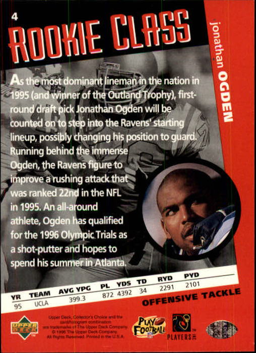 1996 Collector's Choice #4 Jonathan Ogden Rookie Card - Football Card