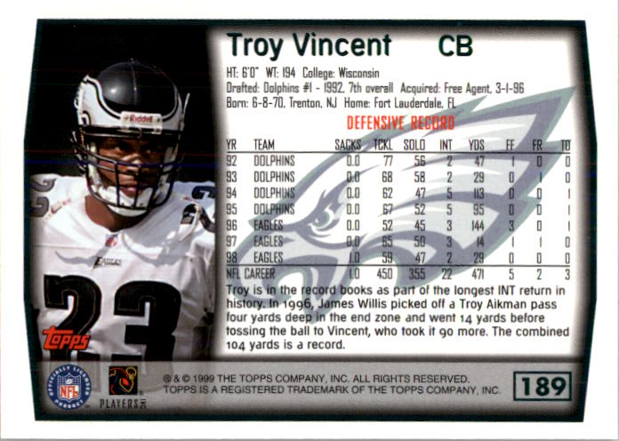 1999 Topps #189 Troy Vincent - Football Card