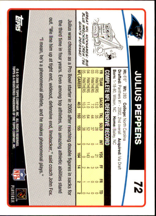 2006 Topps #72 Julius Peppers - Football Card - NM