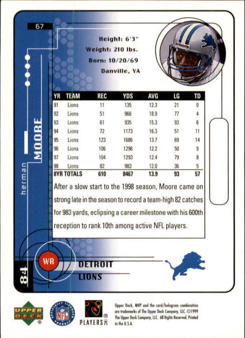 1999 Upper Deck MVP #67 Herman Moore - Football Card