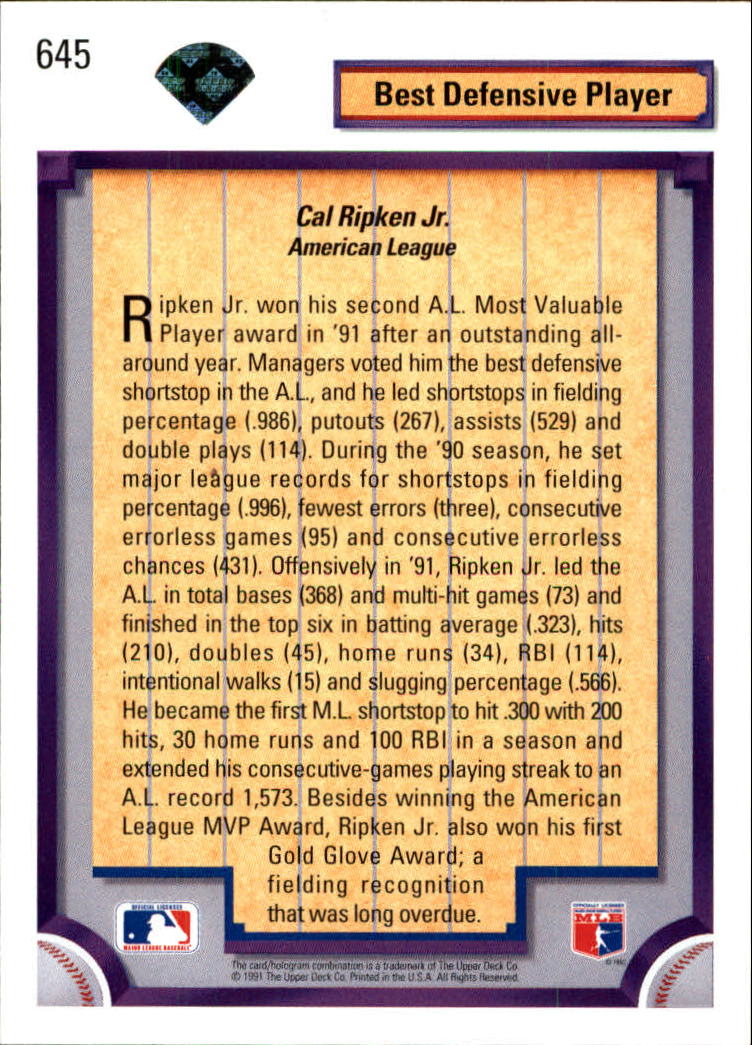 1992 Upper Deck #645 Diamond Series Cal Ripken - Baseball Card NM-MT