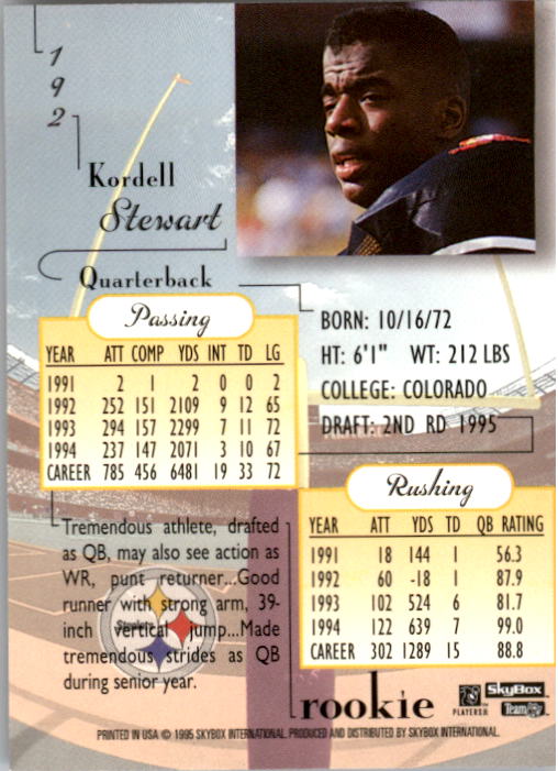 1995 SkyBox Premium #192 Kordell Stewart Rookie Card - Football Card