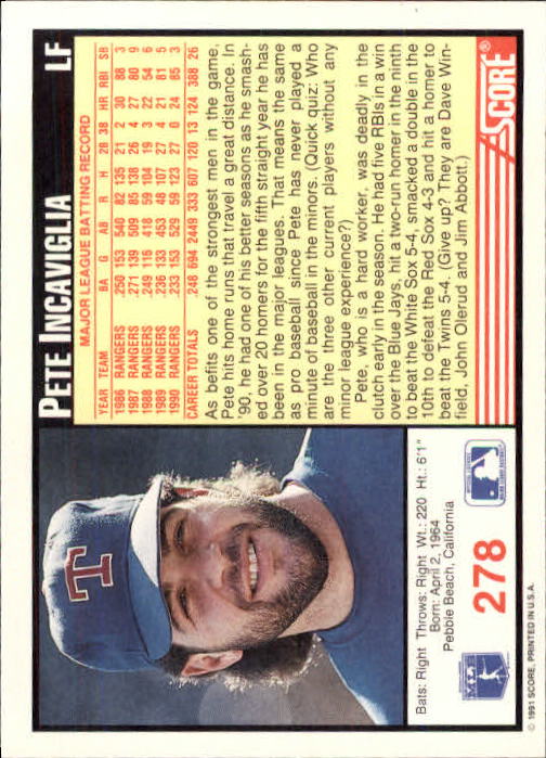1991 Score #278 Pete Incaviglia - Baseball Card NM-MT