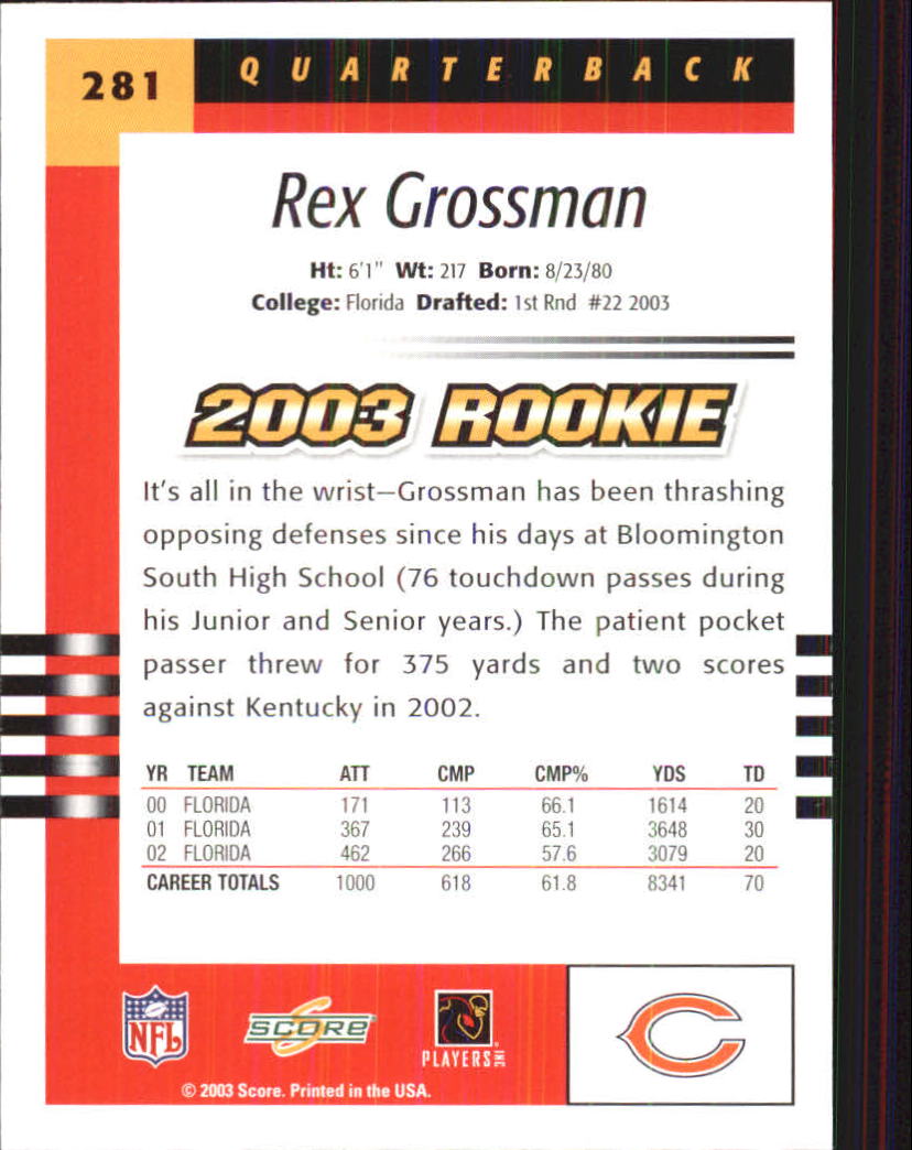 2003 Score #281 Rex Grossman Rookie Card - Football Card