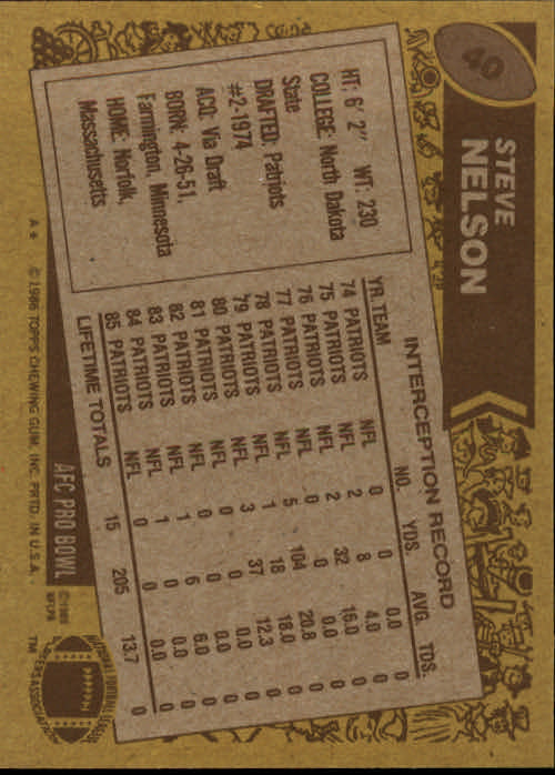 1986 Topps #40 Steve Nelson - Football Card