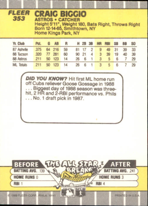 1989 Fleer #353 Craig Biggio RC  - Baseball Card NM-MT