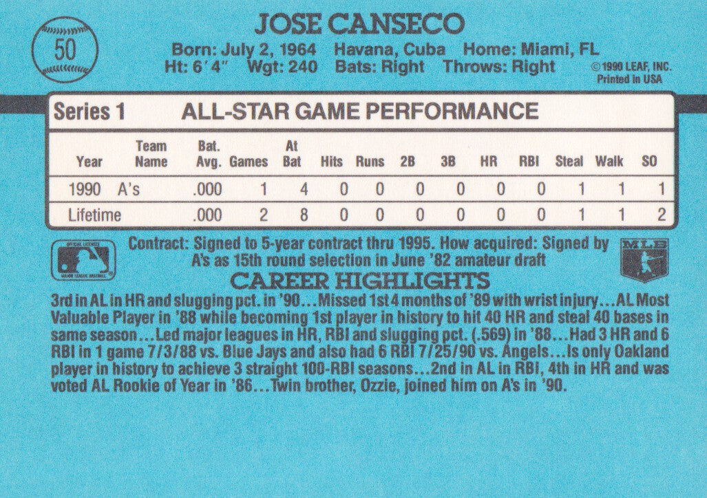 1991 Donruss #50 Jose Canseco AS ERR/Team in stat box/should be AL, not A's - Baseball Card NM-MT
