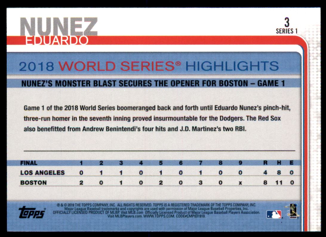 2019 Topps #3 Eduardo Nunez World Series Highlights - Baseball Card NM-MT