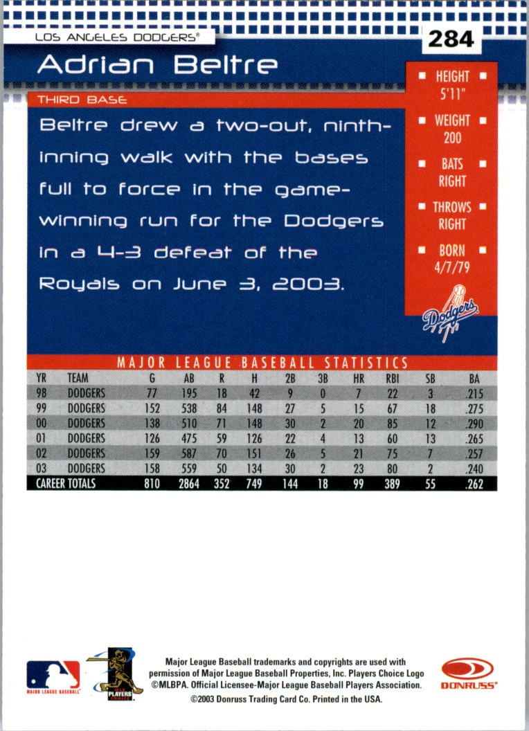 2004 Donruss #284 Adrian Beltre - Baseball Card NM-MT