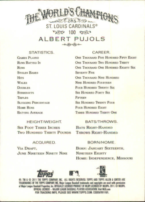 2011 Topps Allen and Ginter #100 Albert Pujols - Baseball Card NM-MT