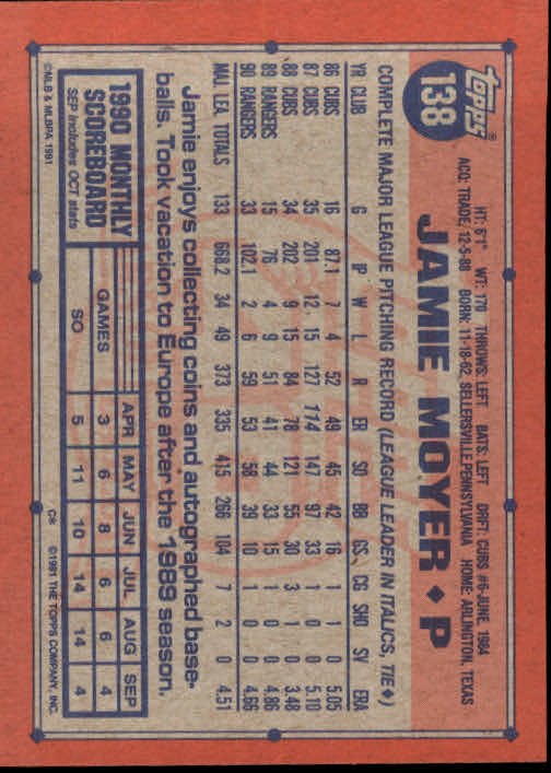 1991 Topps #138 Jamie Moyer - Baseball Card NM-MT