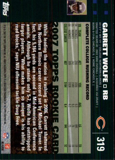 2007 Topps #319 Garrett Wolfe Rookie Card - Football Card