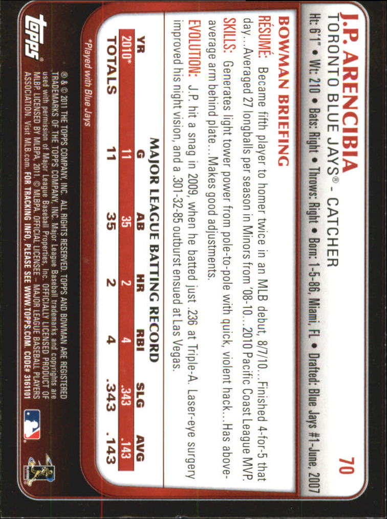 2011 Bowman Gold #70 J.P. Arencibia - Baseball Card NM-MT