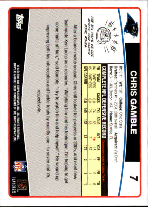 2006 Topps #7 Chris Gamble - Football Card