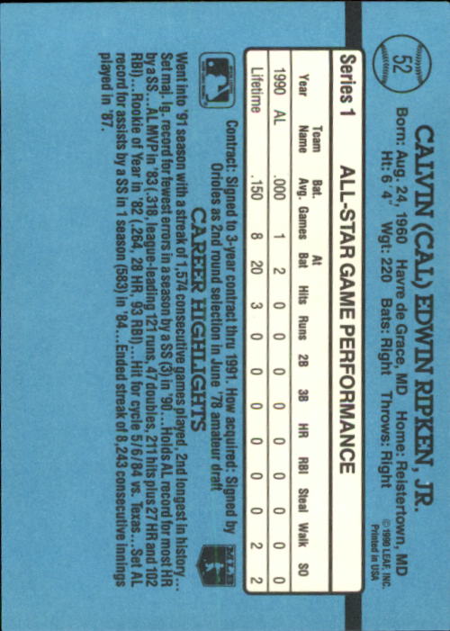 1991 Donruss #52 Cal Ripken All Star - Baseball Card