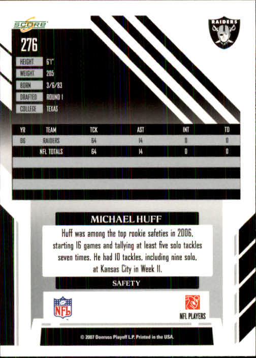 2007 Score Select #276 Michael Huff - Football Card