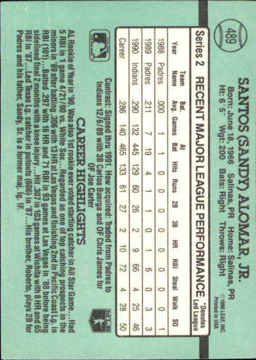 1991 Donruss #489 Sandy Alomar Jr. - Baseball Card NM-MT