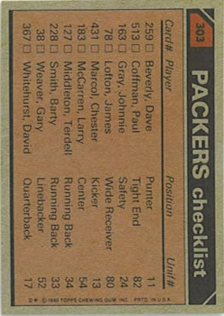 1980 Topps #303 Green Bay Packers Team Leaders (checklist back) - Football Card NM-MT