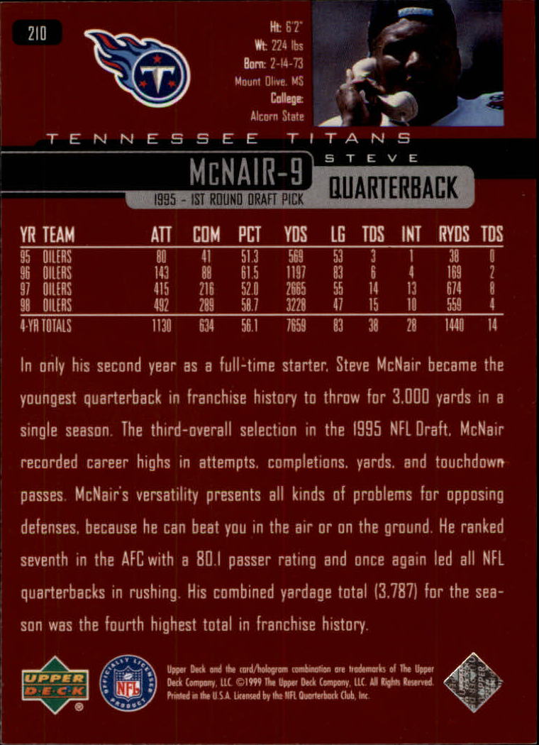 1999 Upper Deck #210 Steve McNair - Football Card