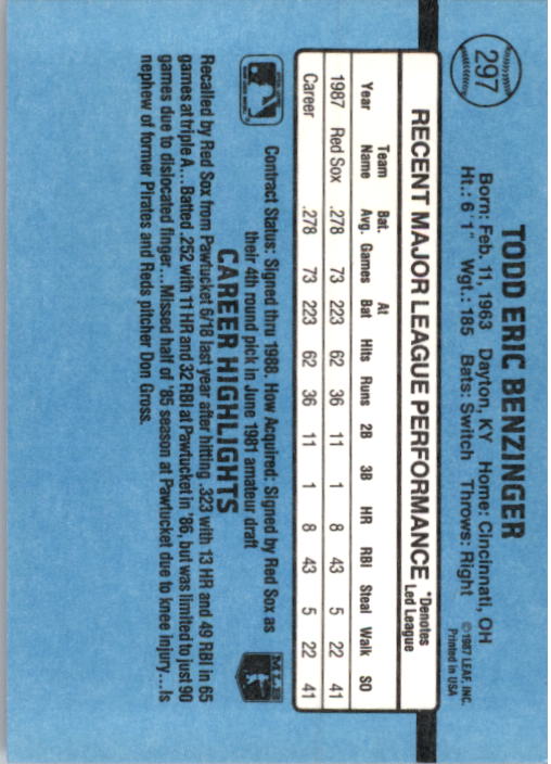 1988 Donruss #297 Todd Benzinger RC - Baseball Card NM-MT