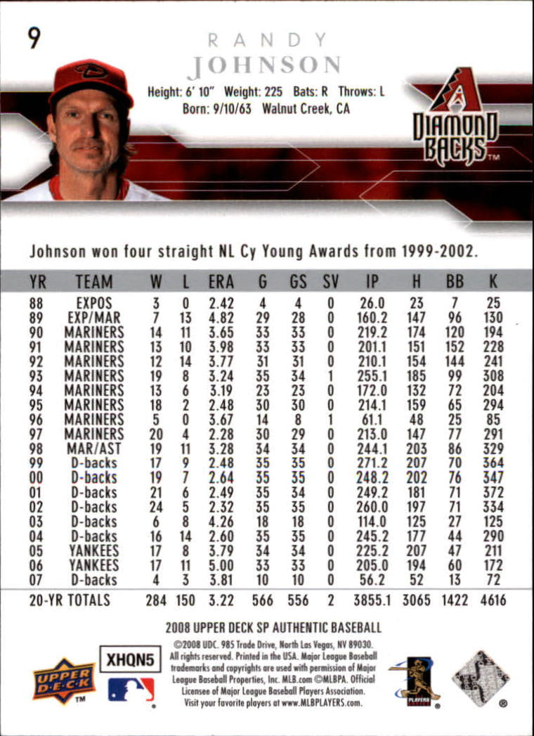 2008 SP Authentic #9 Randy Johnson - Baseball Card NM-MT