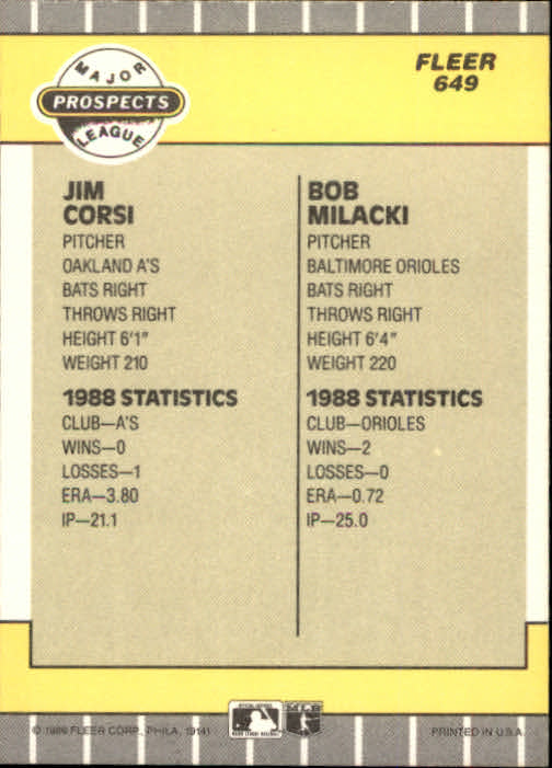 1989 Fleer #649 Jim Corsi / Bob Milacki - Baseball Card NM-MT