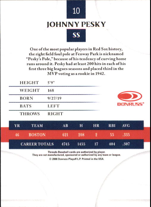 2008 Donruss Threads #10 Johnny Pesky - Baseball Card NM-MT