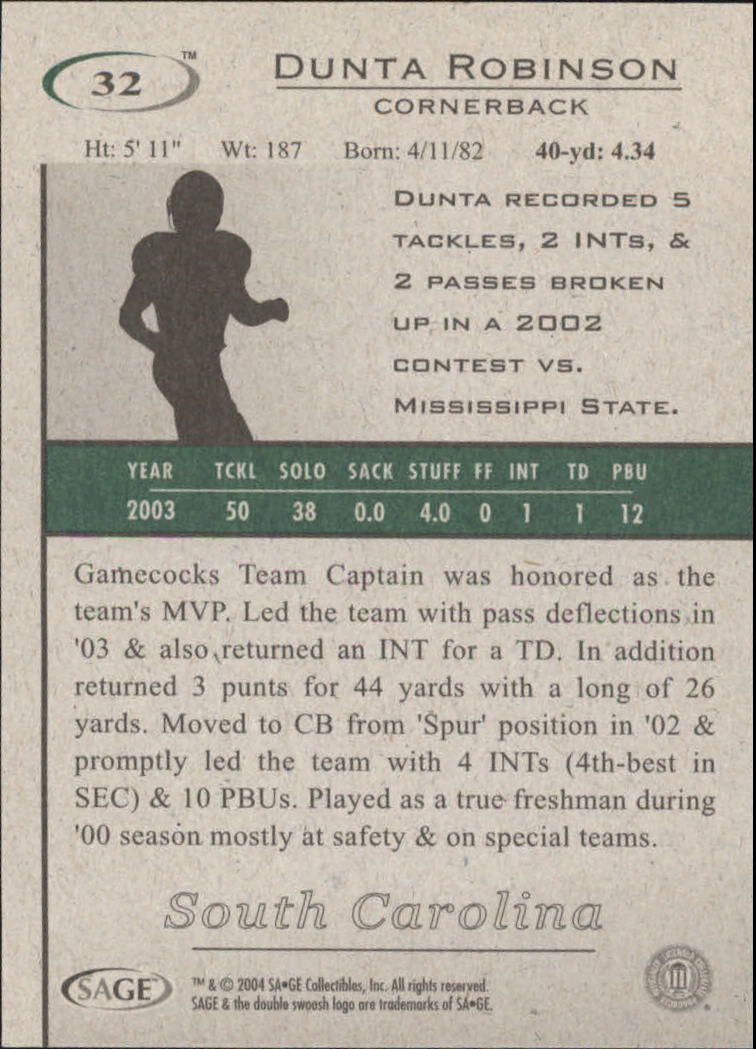 2004 SAGE HIT #32 Dunta Robinson - Football Card