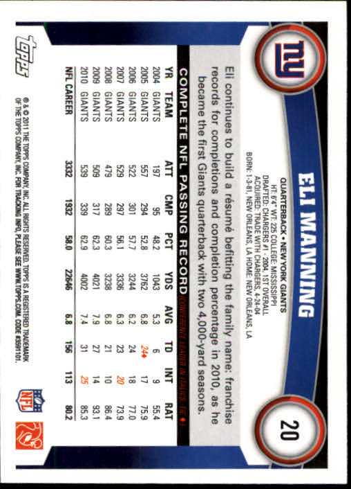2011 Topps #20 Eli Manning - Football Card