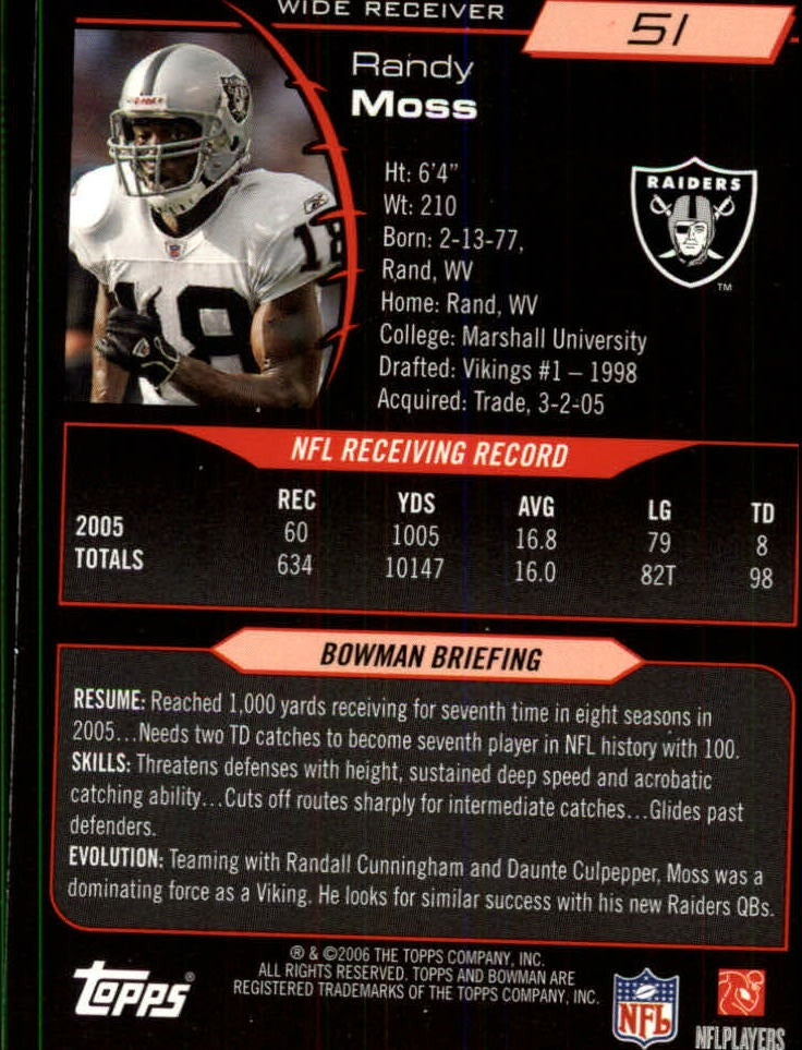 2006 Bowman #51 Randy Moss - Football Card