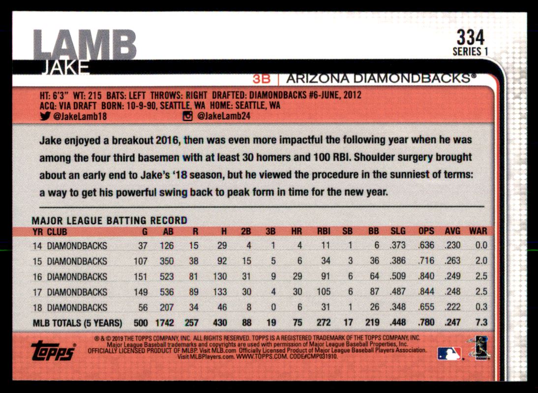 2019 Topps 150th Anniversary #334 Jake Lamb - Baseball Card NM-MT