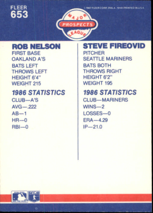 1987 Fleer #653 Rob Nelson RC / Steve Fireovid RC - Baseball Card NM-MT