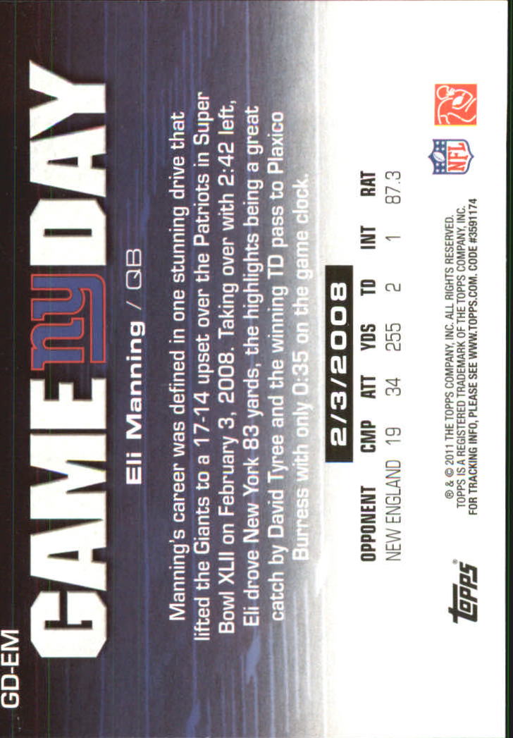 2011 Topps Game Day #GDEM Eli Manning- Football Card
