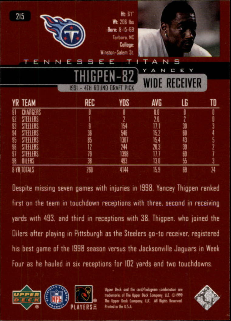 1999 Upper Deck #215 Yancey Thigpen - Football Card