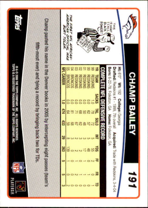 2006 Topps #191 Champ Bailey - Football Card - NM