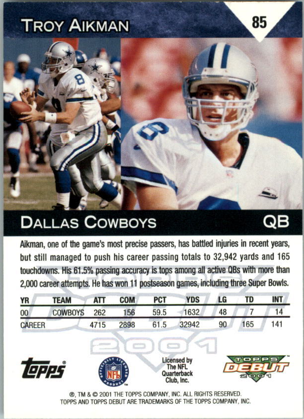 2001 Topps Debut #85 Troy Aikman - Football Card