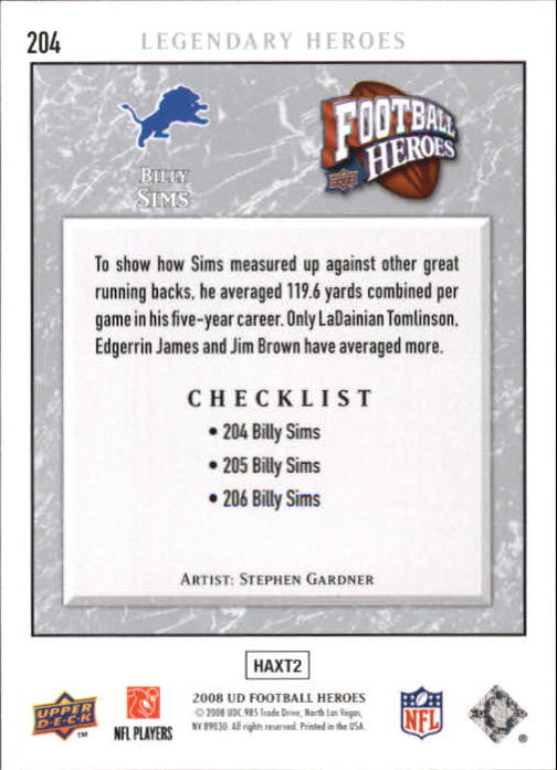 2008 Upper Deck Heroes #204 Billy Sims - Football Card