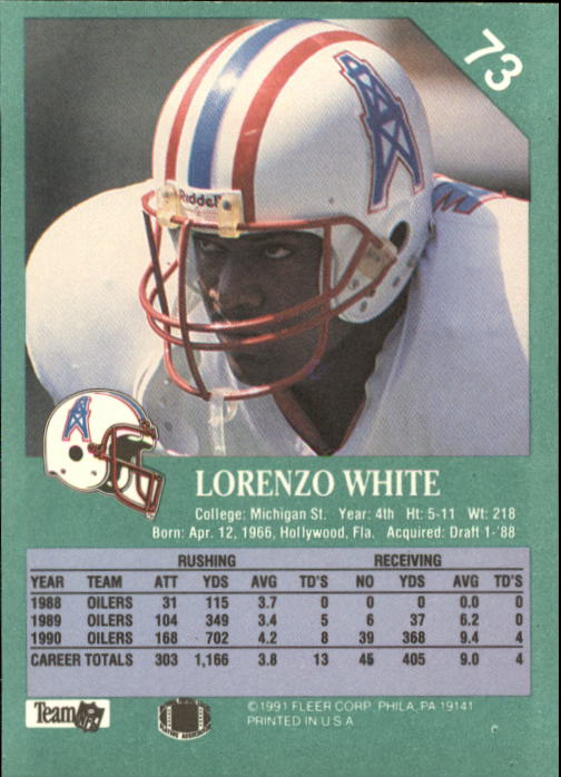 1991 Fleer #73 Lorenzo White - Football Card