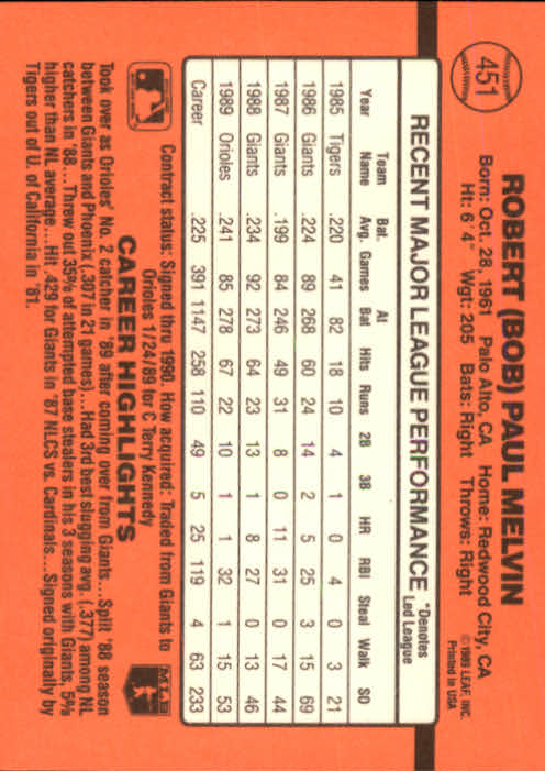 1990 Donruss #451 Bob Melvin - Baseball Card NM-MT