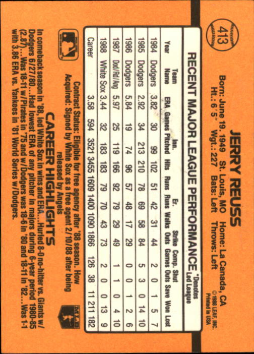 1989 Donruss #413 Jerry Reuss - Baseball Card NM-MT