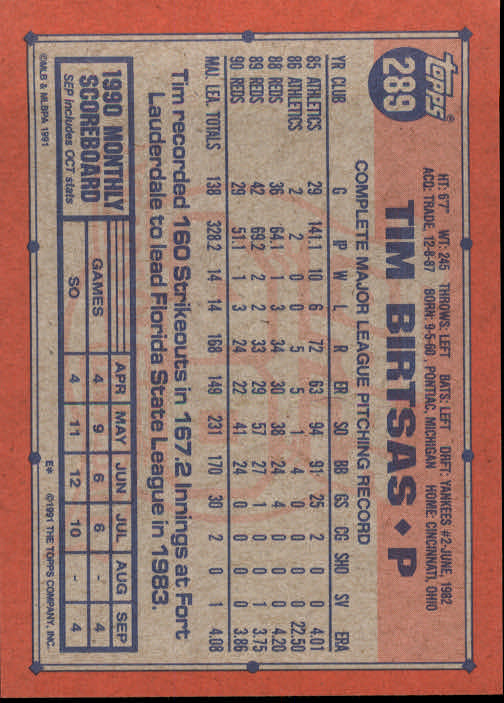 1991 Topps #289 Tim Birtsas - Baseball Card NM-MT