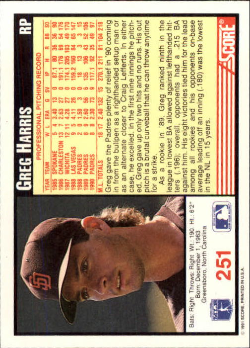 1991 Score #251 Greg W. Harris - Baseball Card NM-MT