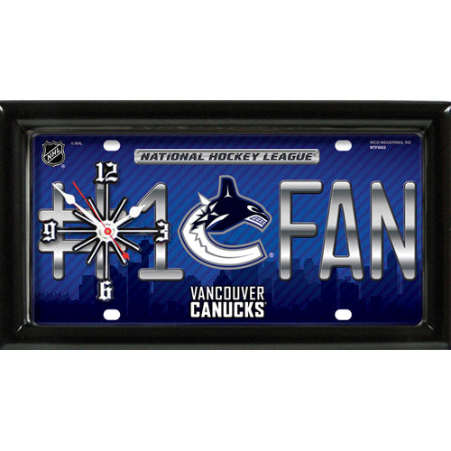 Vancouver Canucks rectangular wall clock features team colors and logo with the wording #1 FAN