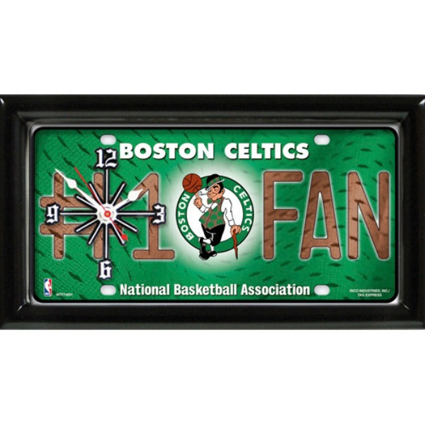 Boston Celtics NBA #1 Fan Wall Clock featuring team graphics and colors in a sleek black satin frame.