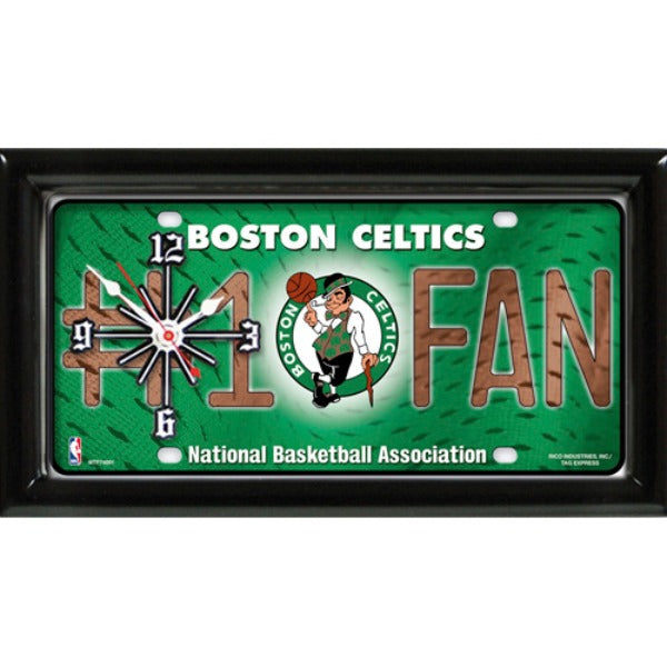 Boston Celtics NBA #1 Fan Wall Clock: 7" x 13" x 1". Team graphics, "#1 FAN" verbiage, satin frame. Quartz movement. Batteries not incl.
