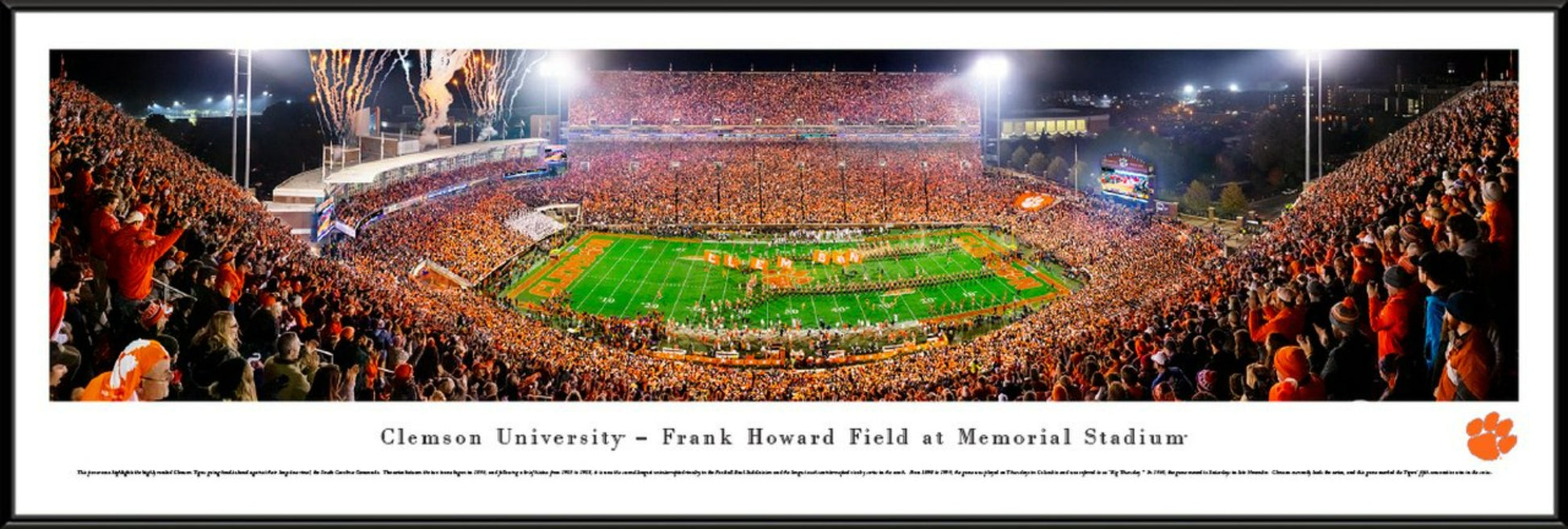 Clemson Tigers panoramic football poster at night in Memorial Stadium, framed NCAA rivalry game photo by Blakeway Panoramas